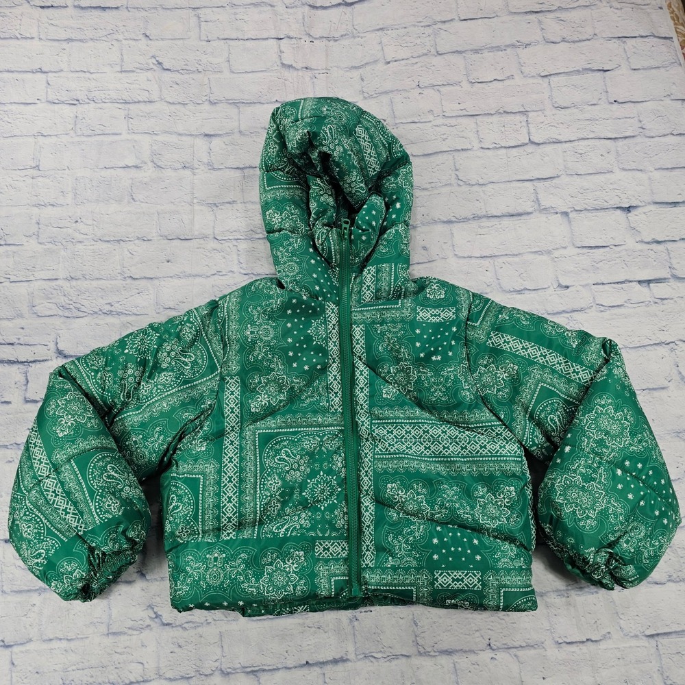 Fashion Nova Puffer Jacket Womens M Green Bandana Paisley Hooded Zip